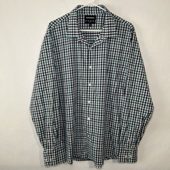 Bonobos Slim Fit Button Up Shirt Mens Size XXL 2XL Green Blue Gingham Check EUC - Picture 1 of 11